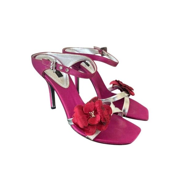 VTG. Y2K LOUIS VUITTON HEELS FLOWER DESIGN PINK SILVER STRAPPY SANDALS EUC 6 1/2 - Picture 4 of 7